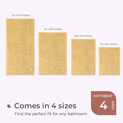 FRESHMINT Chenille Bathroom Rugs Mat 32”x20”, Non-Slip Bath Mat for Bathroom Floor & Bathtub, Washable Soft Shower Shag Bath Rugs, Durable Fluffy Thick Water Absorbent Microfiber Shower Mat, Yellow