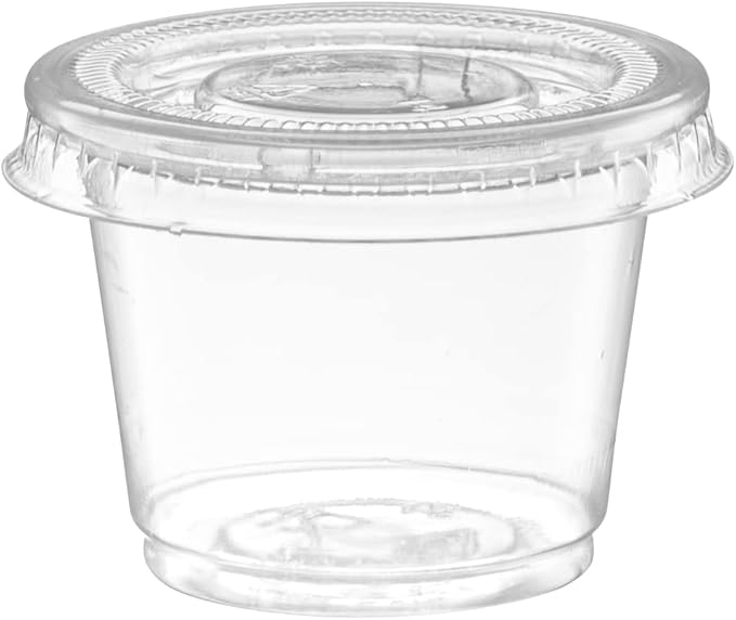ELEGANT DISPOSABLES (1 oz - 100 Sets) Clear Diposable Plastic Portion Cups With Lids, Small Mini Containers For Portion Controll, Jello Shots, Meal Prep, Sauce Cups, Slime, Condiments,