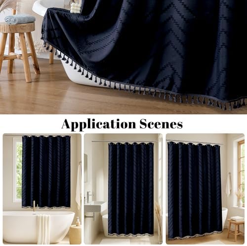 OWENIE Boho Shower Curtain, Navy Blue Fabric Cloth Shower Curtains Farmhouse Tufted Chevron Striped Textured with Tassel for Bathroom, Soft Hotel Style Modern Minimalist, Machine Washable, 72x72