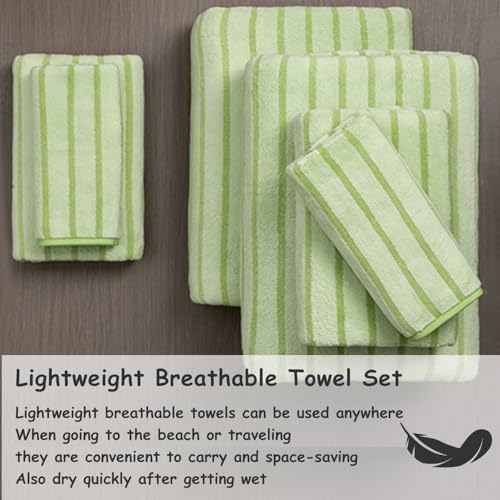 8 Pcs Grass Green Cabana Stripe Large Bath Towel Set - 2 Oversized Bath Sheets, 2 Hand Towels, 4 Washcloths - Soft Jumbo Absorbent Shower Beach Chair Spa Gym Hotel Towels