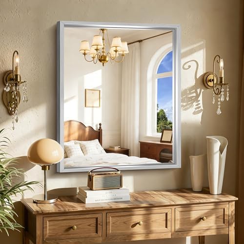 CIRCUMI 30"x36" Brushed Silver Bathroom Mirror, Rectangular Vanity Mirror