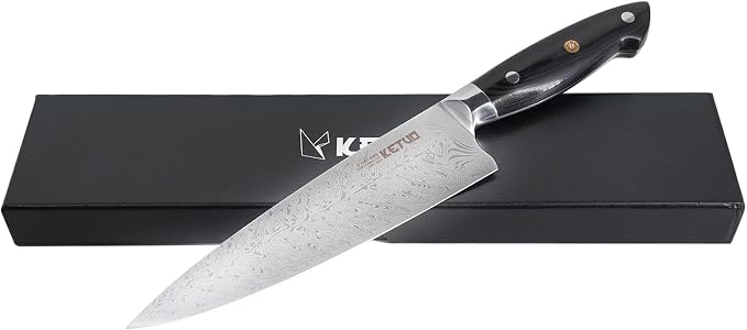 Ketuo Professional Chef Knife Damascus Carbon Steel with Laser Pattern Blade and Black Pakka Wood (8 Inch Chef Knife)