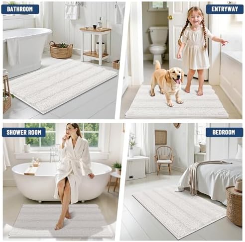 Grandaily Chenille Striped Bathroom Rugs 30x20, Extra Thick and Absorbent Bath Mats, Non-Slip Soft Plush Shaggy Shower Carpet, Machine Wash Dry, Bath Rug for Bathroom, (Medium, Cream)