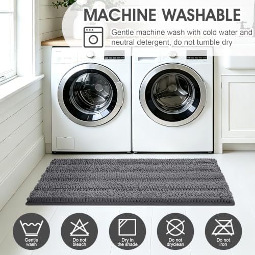 Striped Grey Bathroom Rug Mat Set 2 piece 24"x17"+48"x20" Ultra Soft, Non Slip Chenille Bath Rugs, Absorbent Plush Shaggy Bath Mats for Bathroom, Bedroom, Kitchen, Shower, Tub,Dark Gray, Charcoal