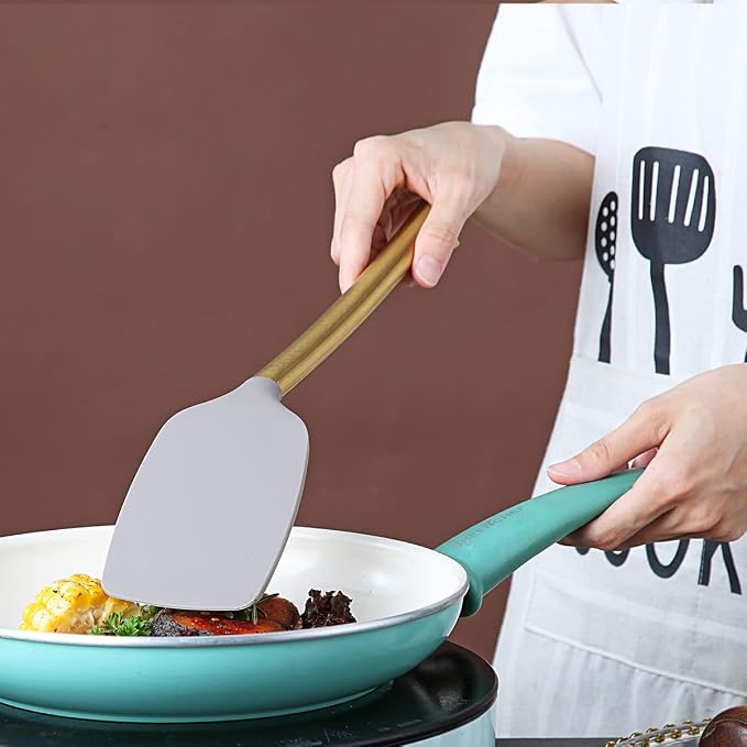 Berglander Non-stick Silicone Solid Turner, Titanium Gold Plating handle, Barbecue Spatula for Cooking, Dishwasher Safe, Easy to Clean
