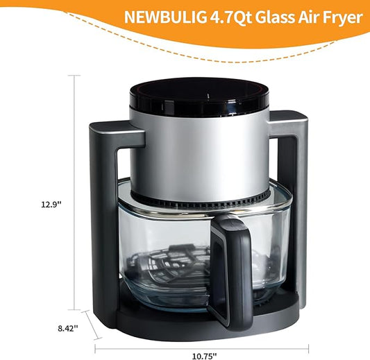 NEWBULIG 4.7Qt Glass Air Fryer, 10 in 1 Air Fryers with Timer, 105 to 395ยฐF Wider Temperature, 360ยฐ Visibility, Dishwasher Safe, Roast Bake Dehydrate Reheat, Nonstick & Easy-Clean Basket, 1300W