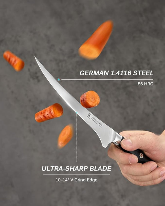 KYOKU 7 in. Japanese Fillet Knife, Samurai Series Fish Boning Knife with Pakkawood Handle, German 1.4116 Stainless Steel Full Tang Fish Deboning, with Protective Sheath & Gift Box