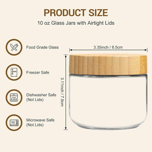 AMEITECH 4 Pack 10 oz Overnight Oats Containers with Bamboo Lids, Reusable Glass Food Storage Jars with Airtight Lids, Wide Mouth Mason Jars for Snack Yogurt Fruit Salad