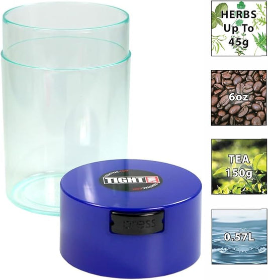 Tightvac - 1 oz to 6 ounce Vacuum Sealed Storage Container - Dark Blue Cap & Clear Body