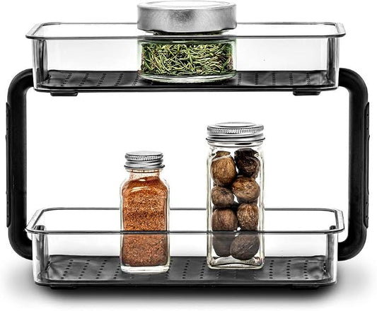 madesmart Tiered Spice Organizer, 8 Jars for Kitchen Essentials, Maximizes Vertical Storage for Salt, Pepper, Cayenne, Soft-Grip Lining, Dual Handles, Carbon