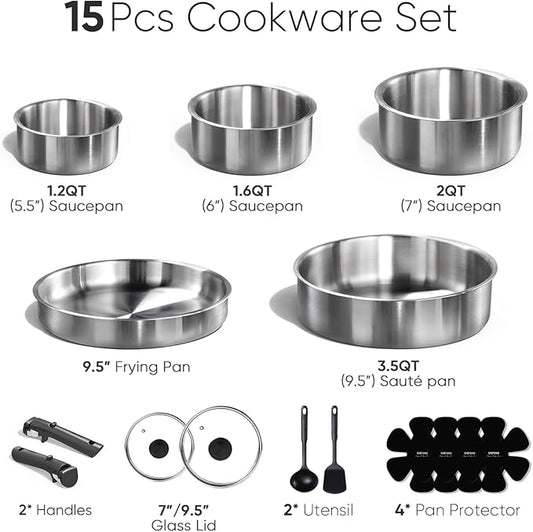 CAROTE Pots and Pans Set, Stainless Steel Cookware Set Detachable Handle, 15pcs Induction Kitchen Cookware Sets with Removable Handle, RV Cookware Set, Oven Safe, Mothers Day Gifts