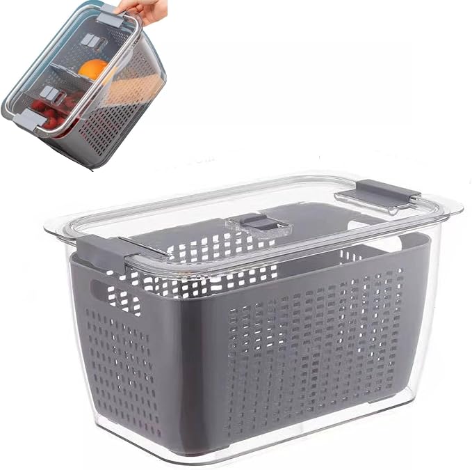 HERCHR Plastic Produce Saver Container, Vegetable Storage Containers Fruit Storage Organizer Bins Fresh Food Keeper Produce Saver with Divider for Refrigerator(4.5L-Gray)