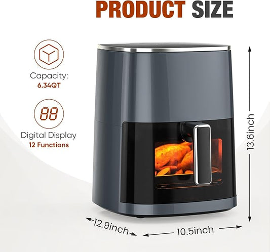 NEWBULIG Air Fryer 6.34 Quarts, Airfryer with Visual Window, 400℉ Fast Heating Air Fryers Oven with Timer, Auto-Off, Non Toxic & Non Stick, Multiple 12 Modes for Roast, Bake, Dehydrate, Fry, Reheat
