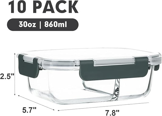 M MCIRCO 10-Pack,30 Oz Glass Meal Prep Containers 2 Compartments Airtight Lunch Bento Boxes with Lids, Glass Food Storage Containers, Microwave, Oven, Freezer, Dishwasher