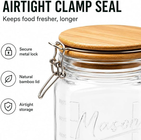 kitchentoolz 1 Gallon Mason Jars Wide Mouth with Airtight Bamboo Lids – Set of 2 Gallon Glass Jar with Lid – Large Mason Jars with Lids for Kitchen Pantry, Storage, and Canning
