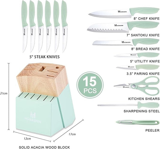 Green Knife Set, 15 Pcs Kitchen Knife Set with Block,High Carbon German Stainless Steel Knife Block Set with Magi-Grip Handle,Hand wash Safe Knives Set