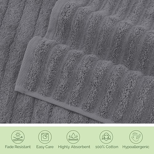 Elegant Comfort Luxury 100% Turkish Cotton Corduroy Ribbed 4 Pack Hand Towel Set 16 x 28 Inch - Absorbent, Super Soft, Quick Dry, Premium Towels for Bathroom, Gym, Spa and Hotel Use, Gray