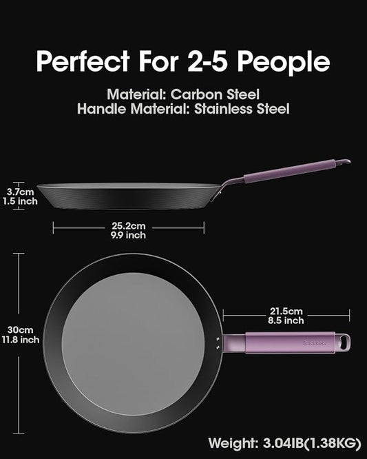 Carbon Steel Skillet 12 Inch, Nitrided Steel Frying Pan, Preseasoned Rust Resistant Large Cooking Pan with Ergonomic Handle & Removable Silicone Grip, Induction & Oven Safe