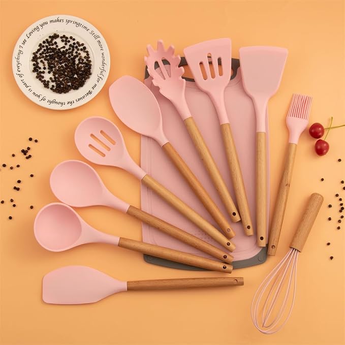 19 Pieces Kitchen Cooking Utensils and Knife Set with Holder Block, Include 11 Pcs Silicone Cooking Utensils 5 Pcs Sharp Stainless Steel Knives Scissors Whisk Tongs and Cutting Board (PINK)