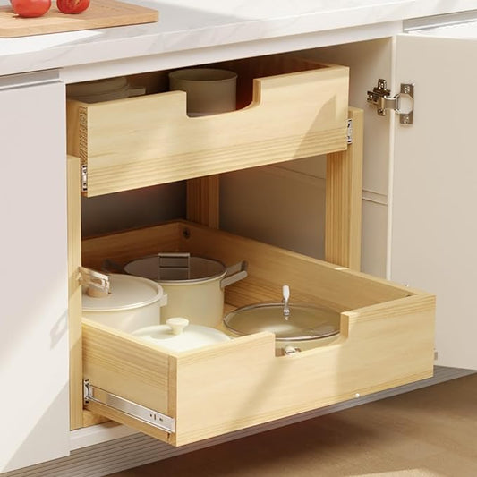 Pull Out Cabinet Organizer, 17''W×21''D Sliding Drawers for Cabinets, 2 Tier Soft Close Slide Out Wooden Pull out Drawers, Base Cabinet Organization for Kitchen, Pantry, Bathroom