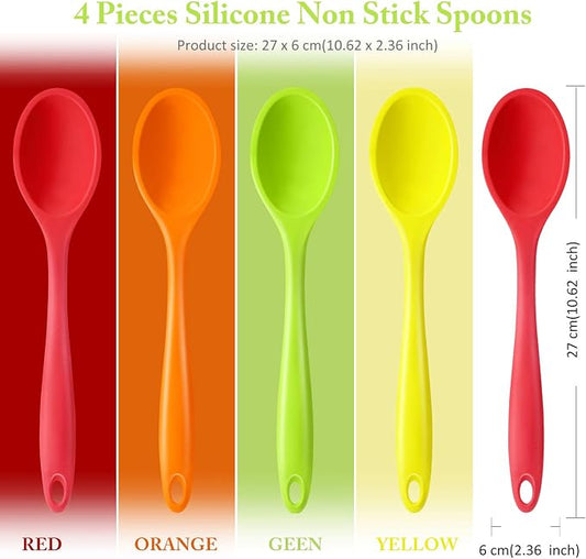 Shappy 4 Pieces Silicone Cooking Spoons 10.6 Inch Heat Resistant Kitchen Spoons for Mixing, Serving and Stirring Upgrade Large Non Stick Basting Utensils, Dishwasher Safe(Spoon,Bright Color)