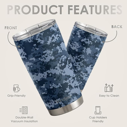 SANDJEST Camo Tumbler 20oz Stainless Steel Insulated, Camouflage Travel Coffee Cup, Gifts for Men Women, Hunting Lovers, Birthday Christmas