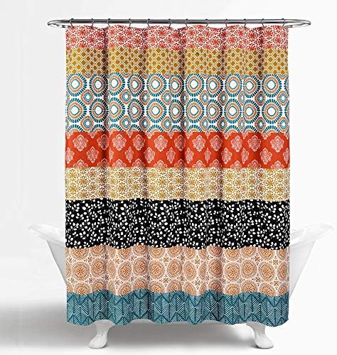 Lush Decor Bohemian Stripe Shower Curtain 72" W x 72" L Turquoise & Orange - Bathroom Curtain - Striped Shower Curtain - Boho Decor - Fabric Shower Curtains
