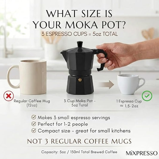 Mixpresso Black 3 Cup Moka Pot Cuban Coffee Maker, Moka Pot for Gas, Electric Stove Top, Classic Italian Coffee Maker, Stovetop Espresso Maker, Camping Pot Makes 3 Espresso Cup 5 Oz - Mug 4.4 Oz