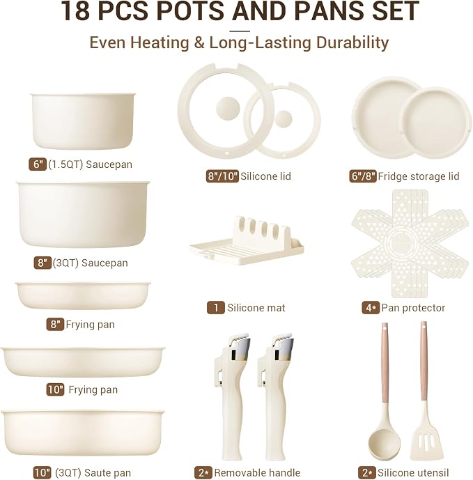 Ammeloo 18-Piece Ceramic Pots and Pans Set Non Stick, Non Toxic Cookware Set with Removable Handles, Pot Sets for Cooking, Induction Ready, Dishwasher & Oven Safe, PFAS PFOA & PTFE Free (Cream White)