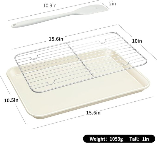 7PCS Nonstick Baking Sheet Set - 10x15in Jelly Roll Pan with Wire Rack, Silicone Spatula & 4 Cookie Cutters, Thickened Carbon Steel, Oven Safe 450°C, Sunshine Cream