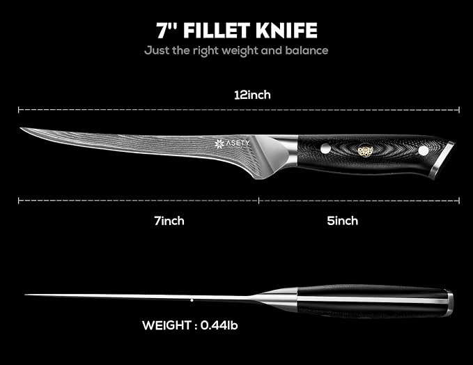 Damascus Fillet knife 7 Inch - Ultra-Sharp Fillet Knife for Fish and Meat, Professional Japanese Boning Style with VG10 Steel Core, Full Tang G10 Handle, Elegant Box