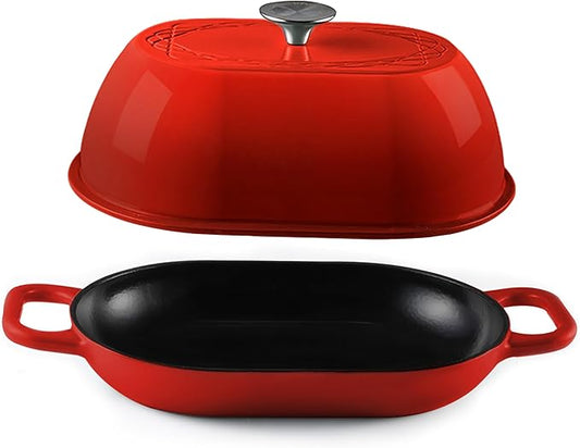 Krustic Enameled Cast Iron Dutch Oven for Professional Sourdough Bread Baking | 5.5 Quart Loaf Size Oval Cookware Pot with Lid | Triple-Layer Enamel Coating Pan with Non Stick Silicone Mat |Red