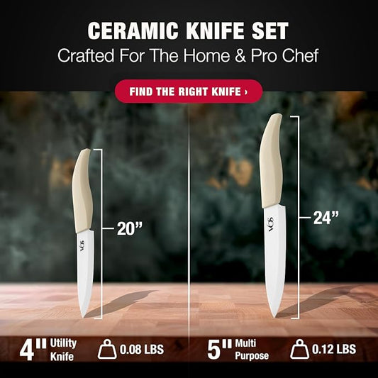 Vos ceramic knives set for kitchen in gift box, set of 2 ceramic knife with cover, 5.5" santoku & 4.5" utility for home cooks, Ultra Sharp, lightweight, rust-free, dishwasher safe (Off-white handle)