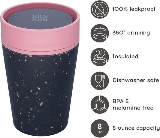 Circular and Co Leakproof Reusable Coffee Cup 8oz/227ml - The World's First Travel Mug Made from Recycled Coffee Cups, Sustainable & Insulated. (Black & Giggle Pink)