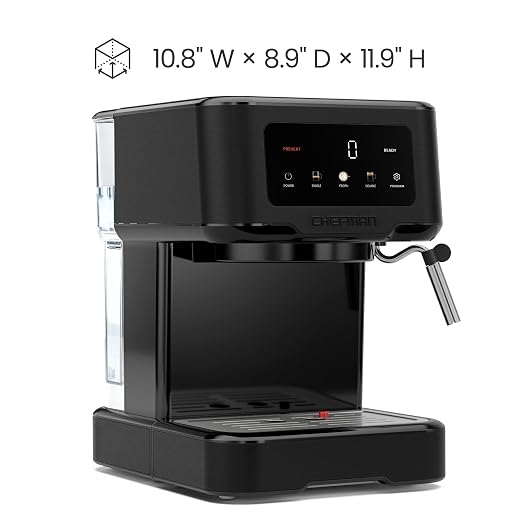 Chefman CraftBrew Espresso Machine, 15-Bar Pump Digital Espresso Maker w/Steam Wand for Latte & Cappuccino, Compact Espresso Coffee Machine w/ 1.5L Removable Water Reservoir - Stainless Black