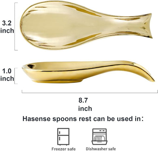 Ceramic Spoon Rest for Stove Top, Large 8.7 Inch Spoon Holder for Kitchen Counter, Porcelain Utensil Rest for Ladle, Spatula, Tongs, Housewarming Gift, Dishwasher Safe and Heat-Resistant, Gold(1 PC)