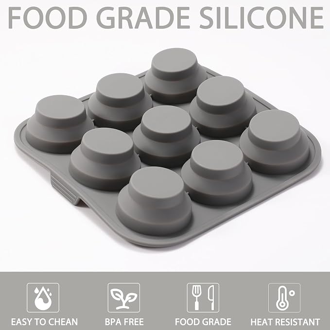 9-Cavity Silicone Mold Pan for Tiered Mini Cakes, Set of 2, Non-Stick Collapsible Cupcake Baking Tray for Muffin, Grey