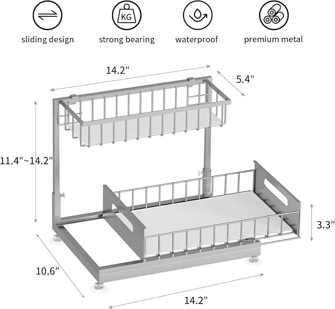 Saydear Under Sink Organizer Storage 2-Tier Premium Metal Pull-Out Kitchen Cabinet Organizer with Sliding Drawer, Height Adjustable, Heavy Duty for Kitchen & Bathroom Organizers 1 Pack Grey