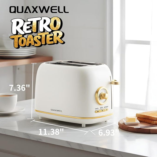 2-Slice Toaster, Wide Slots, 7 Bread Shade Settings, Stainless Steel, Bagel, Cancel, and Defrost Functions, Removable Crumb Tray, Retro Style Toaster,Matte White and Gold