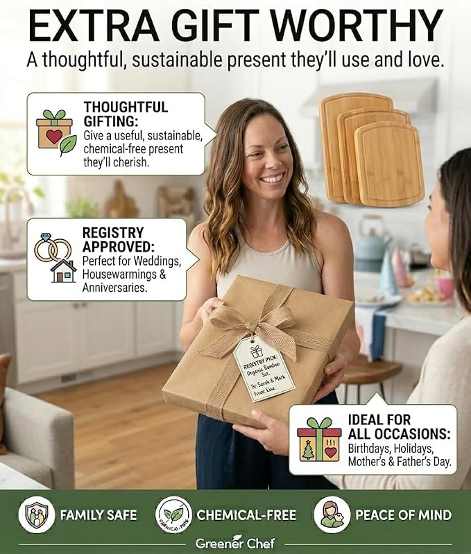 Greener Chef Luxury Bamboo Cutting Board Set of 3 with Glue-Free Surface Technology - Extra Spacious Wood Cutting Boards for Kitchen and XL Chopping Board Set - Replacements for Life