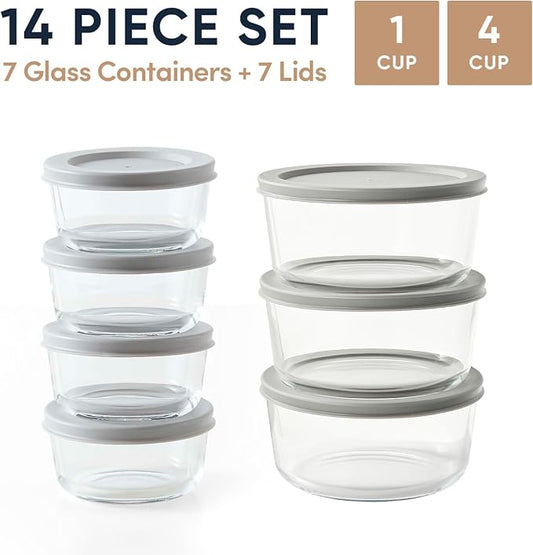 14-Piece Glass Food Storage Containers Set (7 Containers + 7 BPA-Free Lids) | 1-Cup & 4-Cup, Leakproof | Microwave, Freezer, Oven & Dishwasher Safe | Ideal for Meal Prep & Pantry Organization, Grey