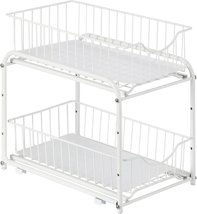 MOOACE 2-Tier Stackable Under Sink Storage Sliding Basket Organizer Drawer for Kitchen, Bathroom, Pantry, Cabinet, White