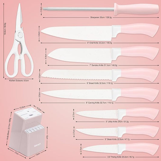 Knife Set, 15 Pcs Pink Kitchen Knife Set, Anti-Rust Non Stick Stainless Steel Sharp Pink Chef Knife Sets with Block, Ergonomic Non-slip Handle Knife Block Set with Steak Knife, Bread Knife, Scissors