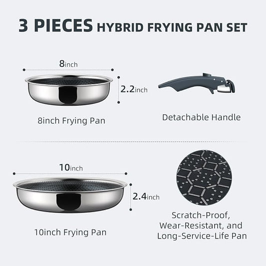 Ciwete Hybrid Non Stick Frying Pans Set 3-Piece, 8 & 10 Inch Tri-Ply Stainless Steel Pans Set with Detachable Handle, PFOA Free Kitchen Skillets for All Cooktops, Dishwasher & Oven-Safe Cooking Pan