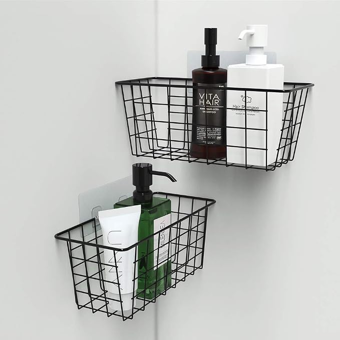MaraFansie Hanging Kitchen Baskets Wire Storage Basket Over the Cabinet Door Organizer, No Drilling Adhesive Basket for Cabinet Pantry Organization and Kitchen, Bathroom, Storage, 2 Pack, Black