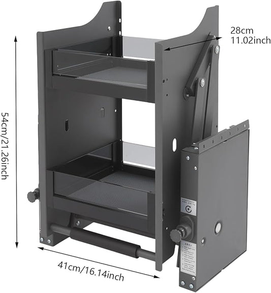 Pull Down Cabinet Organizer, 2-Tier Lowering Basket Rack for 16.14-17.72" Wide Cabinet, 4-stage Weight Knob 3-Stage Buffer Tempered Glass Pull-Out Kitchen Storage Shelf, 16.14*11.02*21.26in Dark Grey