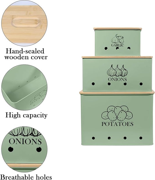 Kitchen Vegetable Storage Tins Set of 3 for Potato Onion & Garlic with Wooden Lid and Aerating Holes, Kitchen Storage Canisters Set, Vintage Kitchen Decor - Green