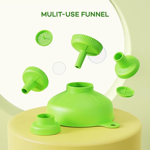 Pisol Wide Mouth Versatile Funnel, Canning Funnels for Kitchen Use, Food Grade Plastic Cooking Funnel Set with 4 Size Spouts and 2 Strainers for Filling Different Bottles and Bags, Green