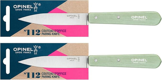 OPINEL No. 112 Paring Knives 2 Piece Set, Sandvik Steel Everyday Paring Knife, Wood Handles, Made in France (Sage Green)