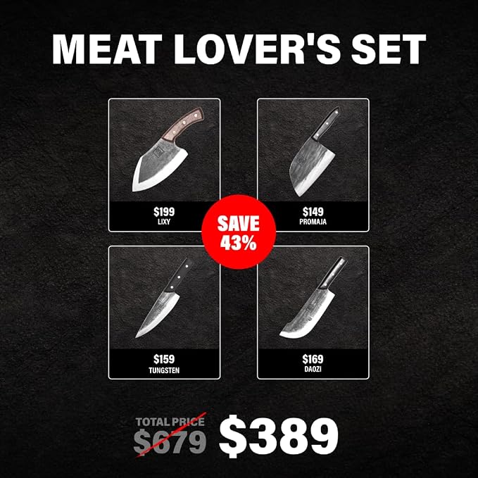 COOLINA Meat Lover 4-Knife Set, Hand-Forged High-Carbon Steel Kitchen Knives for Butchering, Slicing & Carving, Includes Promaja Cleaver, Lixy, Daozi & Altomino Tungsten Knife, Wood Handle